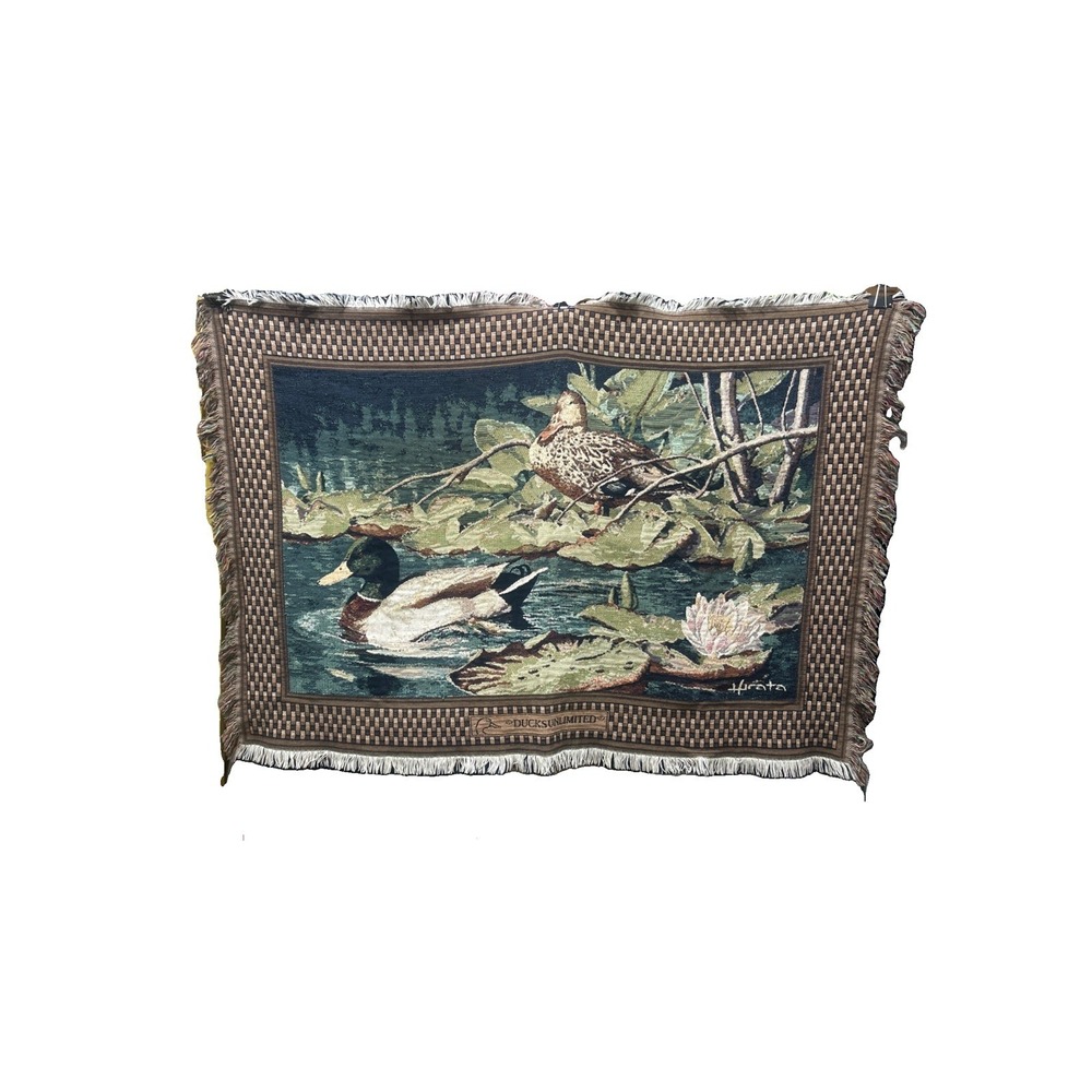 Vtg Ducks Unlimited Throw Blanket Wall Tapestry Mallard Ducks  66" X 45" Signed